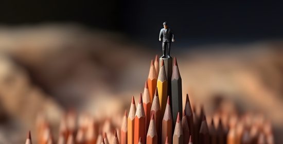 Businessman standing on top of pencils. Leadership, uniqueness, think different, teamwork business success. generative ai