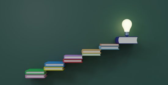 Studying is stairway to success concept of improve by education light bulb on top of stairs of books 3D rendering illustration